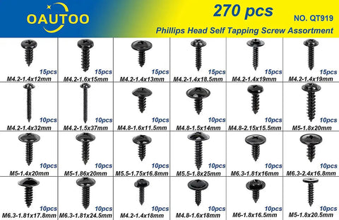 Image of Auto Body Self Tapping Phillips Head Screws Kit With Washer Head 270 Piece Assortment In Sizes 8 10 12 14 for vehicle repairs.