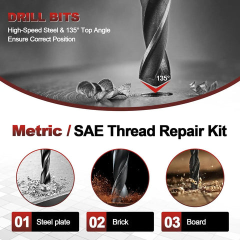 Close-up of Pro Grade 15 Pcs M14x1.5 Thread Repair Inserts Kit with spiral drill for steel, brick, and board surfaces.