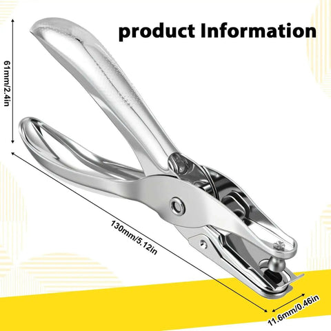 Circle Shaped Handheld Paper Hole Punch, 1/8 Inch Single Hole Punch, mini metal punch displayed with dimensions