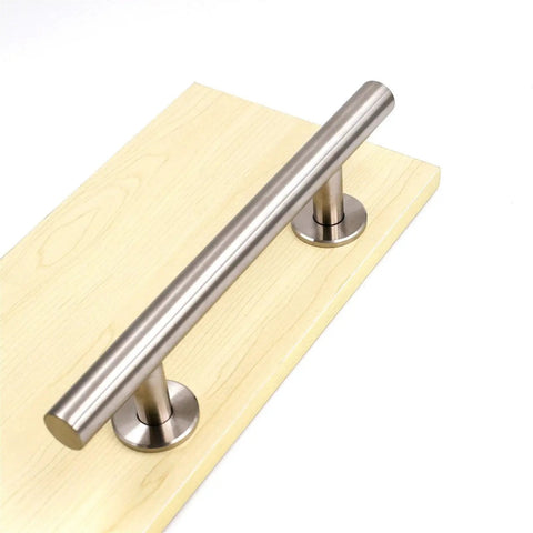 12 Inch Sliding Barn Door Handle And Flush Pull Set With 7 Inch Hole Centers In Brushed Nickel Heavy Duty Stainless Steel 304 Hardware on wooden board