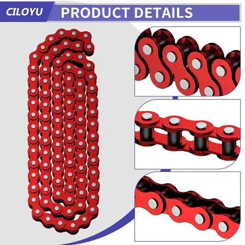 35 Chain Go Kart Roller Chain With Chain Breaker Replacement For Go Carts Mini Bikes Dirt Pit Bikes And Motorcycles Powersports Parts 95 Links Master Link 35 Pitch Durable And Reliable Fit For Sprockets, close-up of red chain links.