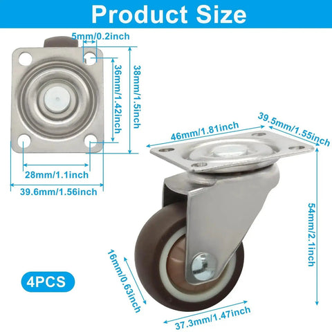 1.5 Inch Caster Wheels 4 Pack Low Profile No Noise Mini Swivel Casters with 360 Degree Top Plate, rubber wheels, size dimensions