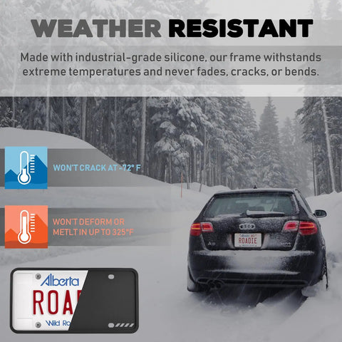 Silicone License Plate Frame Durable For Front And Rear Universal No Obstruction Anti Rattle Anti Scratch Must Have Weatherproof Rust Proof Street Legal Car Accessory on an Audi in snowy conditions.