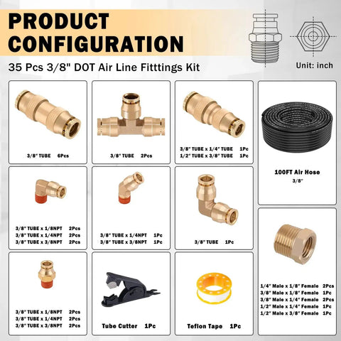 All In One Three Eighths Brass DOT Air Fittings Kit With One Hundred Foot Black Air Line Hose Quick Connects and components