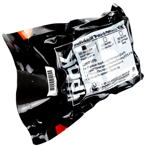 IPOK Compact First Aid Kit With C A T Tourniquet Gauze And Gloves by North American Rescue in vacuum-sealed packaging.