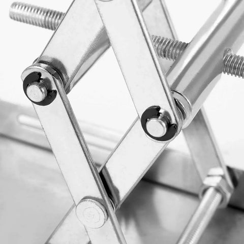 Close-up of stainless steel Two Pack 4x4 Lab Jack Stand with Handwheel Expandable 50 150 Mm showing adjustable screws.