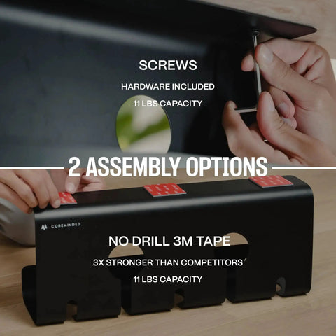 Image showing assembly options for Under Desk Cable Management Tray 2 Pack For MacBook Chargers And Power Strips Cord Organizer.
