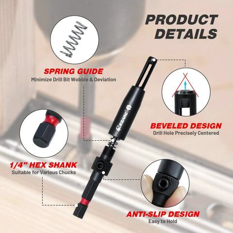 Self Centering Drill Bit Set 14 Piece For Cabinet Hinges And Woodworking With Replacement Bits And Screwdriver Bits Bit Holder One Quarter Inch Hex Shank Includes Storage Box EZARC, showing spring guide, beveled design, and anti-slip hex shank.