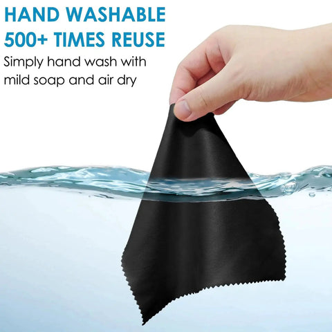 Handwashing a black microfiber cloth from 120 Pack Two Color Microfiber Cloths 7x6 Inch For Glasses Screens Cameras Phones