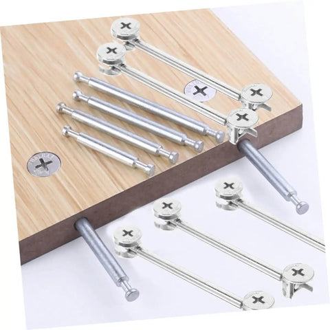 20 Set Cam Fittings Kit For Cabinets With Connectors And Dowels Easy Assembly No Fuss Strong Load Bearing Lightweight And Portable Ideal For Furniture Panels And Office Cabinets shown with wooden panels and connectors.