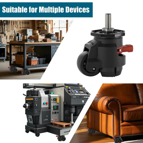 2 Inch Stem Leveling Caster Wheels With Ratchet Handle Height Adjustable Heavy Duty Casters Set Of Four Half Inch And M12 Stem Sizes Retractable Workbench Casters Total Load Up To 2200 Lbs Black installed on furniture and equipment.