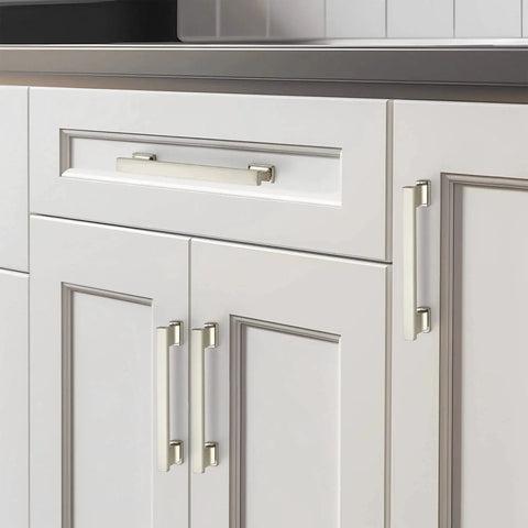 10 Pack 5 Inch Brushed Nickel Cabinet Pulls For Cabinets And Furniture installed on white kitchen cabinets with smooth finish