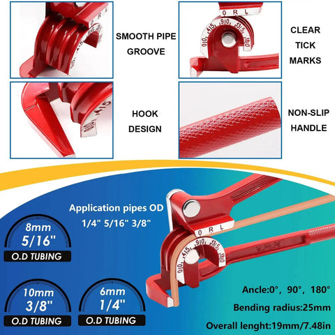 Close-up of a red pipe bender with clear tick marks, smooth groove, hook design, non-slip handle, and size indications.