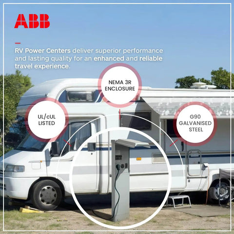 Weatherproof Single-Unit RV Power Outlet 100A Unmetered NEMA 3R Surface-Mount Box with 50A/30A/20A Breakers installed in RV area