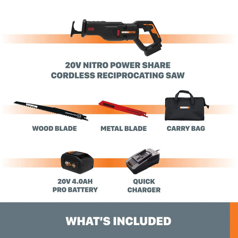 What's included with Nitro 20V Power Share Pro Cordless Reciprocating Saw: saw, wood and metal blades, battery, charger, bag.