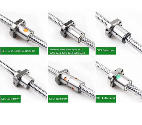 Various ball screw models including 25Mm Pro Grade Anti Backlash Ball Screw Kit SFU2510 RM2510 with details of different types.