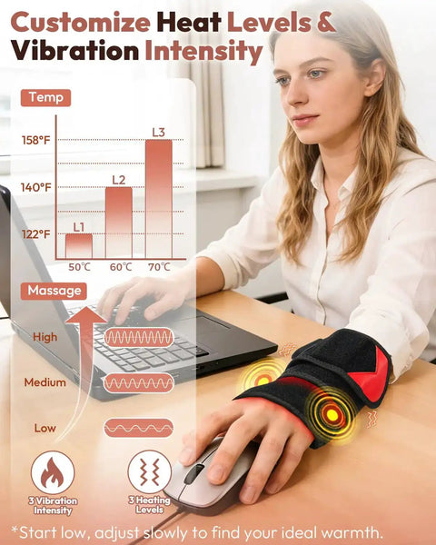 Person using No Cords Red Light Therapy Wearable Wrist Massager With Infrared Heating Pad And Vibration at a desk, temp chart visible
