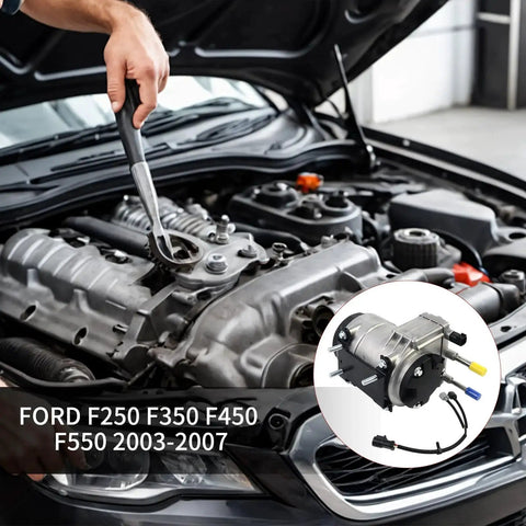 Mechanic working on engine with Drop-In Fuel Pump Assembly For Ford Super Duty F250 F350 F450 F550 And Excursion 2003 2007 6.0L V8 Replacement inset.