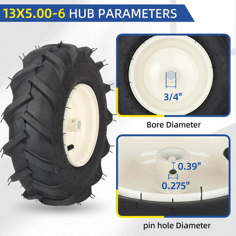 13x5.00-6 Tiller Tire And Wheel Kit Tubeless With 3/4 Inch Axle, 3-1/8 Inch Centered Hub shown with hub parameters