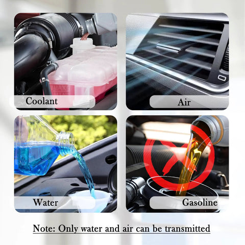 Automotive rubber heater hose, 5 ft long, 5/8 in ID; four-panel collage showing coolant, air, water, and gasoline uses.