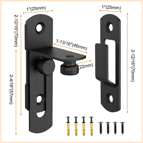 Two Pack 90 Degree Barn Door Lock Latches Matte Black Stainless Steel Security Flip Gate Latches with screws and dimensions