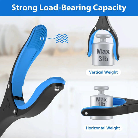 Close-up of Thirty Six Inch Foldable Grabber Reacher Tool with anti-slip jaw holding weights, illustrating 3lb vertical and 1lb horizontal capacity.