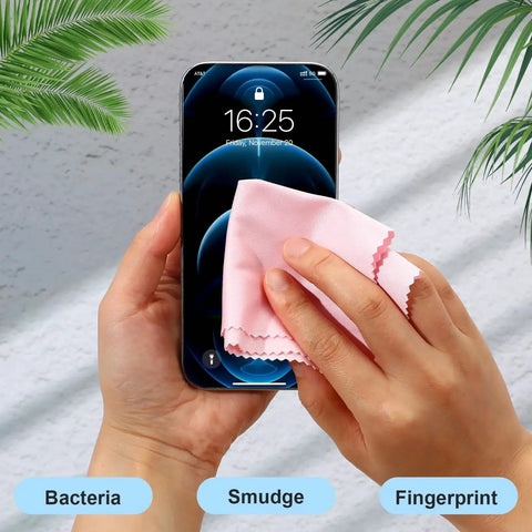 Person using 300 Microfiber Cloths 6x7 Inch For Glasses Cameras Phones Screens Assorted Colors to clean smartphone screen
