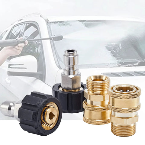 Four brass quick-connect hose adapters for pressure washer, M22 14mm to 3/8 in, with black knob and silver connector