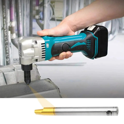 3 Pc Direct Replacement Punch And Die Set For JN1601 Nibbler shown in use on sheet metal with close-up of blade
