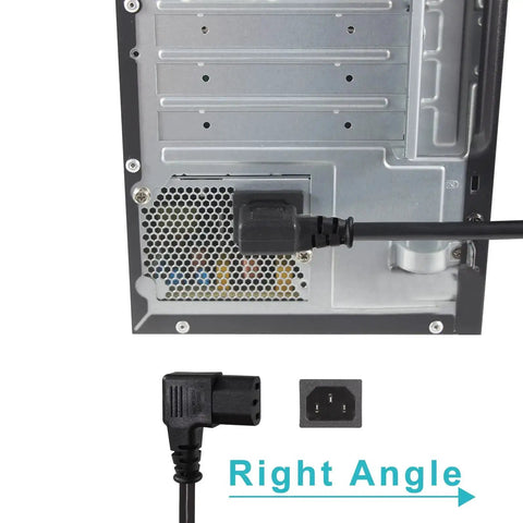 90 Degree Right Angle 1ft Power Cord NEMA 5-15P To IEC C13 Flat Plug 16AWG Angled AC Cable connected to device back panel