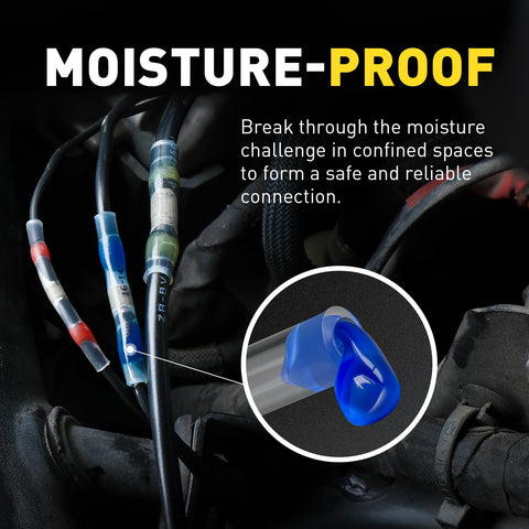 Solder-seal heat shrink butt connectors in blue on wiring; moisture-proof