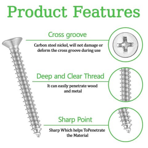 Wood Screw Kit With 1600 Pcs Assortment Nine Sizes From M2x4 To M2x20 showing screw features: cross groove, deep thread, sharp point.