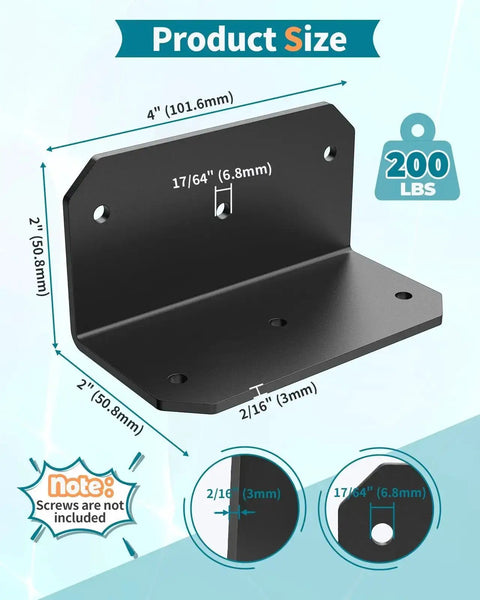 Built To Last Heavy Duty 4 Inch L Bracket Corner Brace 90 Degree Angle Iron Supports in black powder coat, size dimensions shown