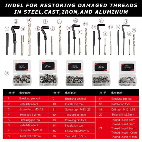 Thread Repair Kit 338Pcs SAE And Metric HSS Drill Inserts For Damaged Threads with tools and organized inserts
