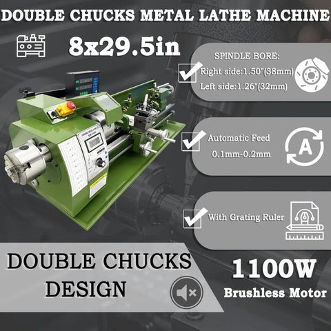 Dual Chuck Metal Lathe For DIY And Pro Shops 8x30 Inch Bench Lathe With Grating Ruler Variable Speed 1100W motor