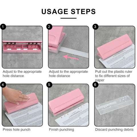 Usage steps for adjustable 6 hole punch for A4 A5 A6 planners, showing pink metal construction and non-slip base.