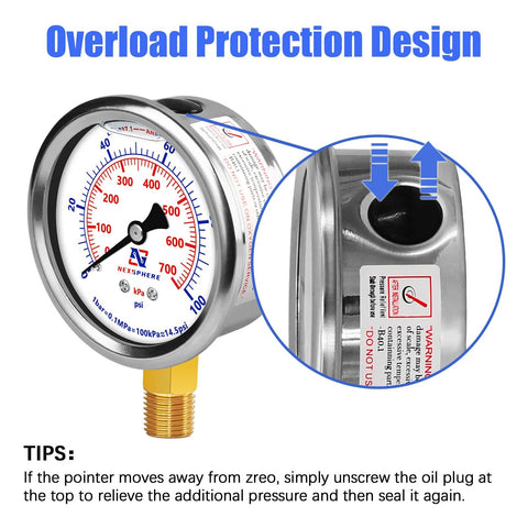 NexSphere glycerin-filled pressure gauge, 2.5 inch dial, 304SS case, 1/4 in NPT lower mount for air/oil/water testing.