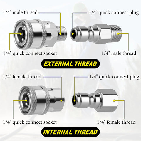 Qoroos 4-set stainless steel pressure washer fittings, 1/4 inch NPT, external/internal thread adapters