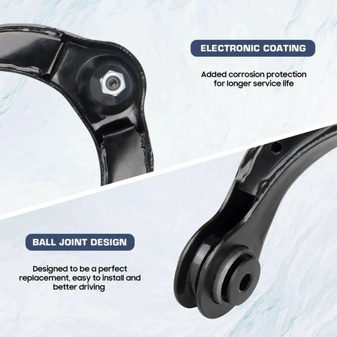 Close-up of Front Right And Left Upper Control Arm With Ball Joint Assembly For 2011 2015 Durango And 2011 2015 Grand Cherokee 2 Piece Set High Strength Steel Replacement showing electronic coating and ball joint design features.