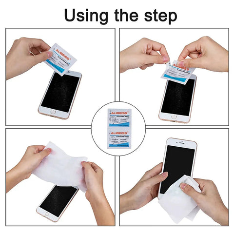 Steps to clean a phone with Pre Moistened Lens And Screen Wipes For Glasses Cameras Phones Pack Of 100, showing use on smartphone.