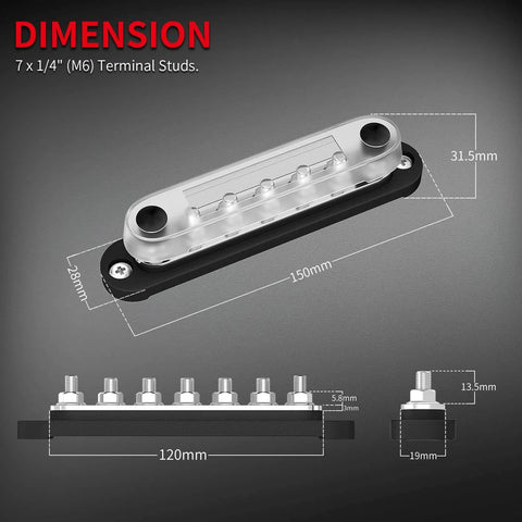 Dimensions of Battery Bus Bar Terminal Block Set With Cover 12V To 48V Positive And Negative Power Distribution Block with 7 M6 studs.