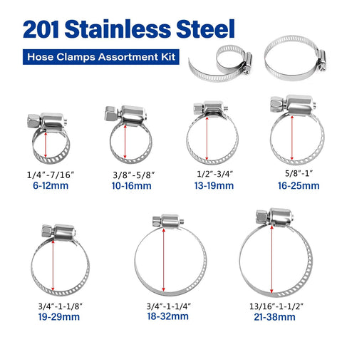 Amazon 201 stainless steel hose clamp kit, 60 pcs, sizes 1/4-1-1/2 in (6-38 mm), worm gear clamps