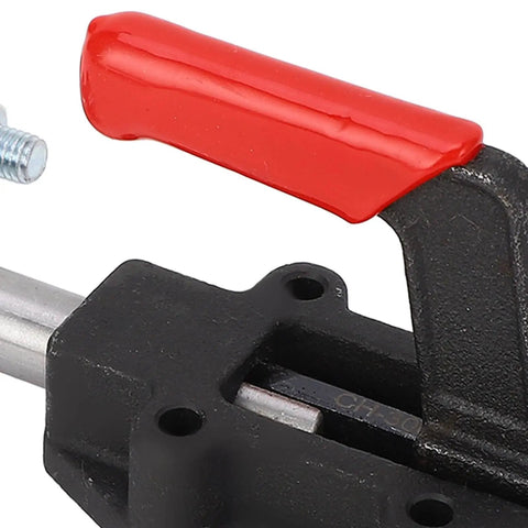Close-up of Double Headed Heavy Duty Toggle Clamp For Woodworking Jigs And Fixtures with red plastic handle and blue zinc.
