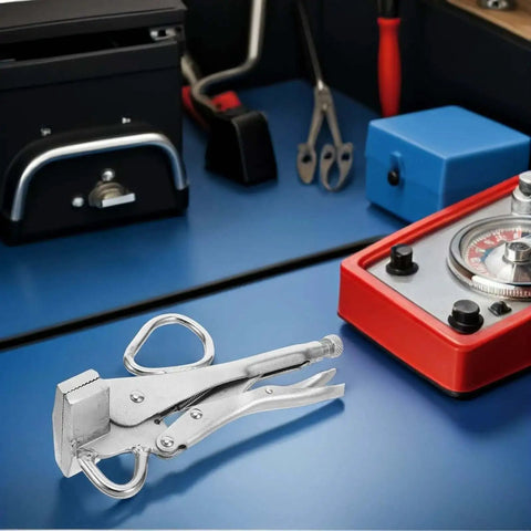 Pro Grade Heavy Duty Auto Body Frame Pulling Clamp With Extra Wide Duckbill Jaw on workshop bench