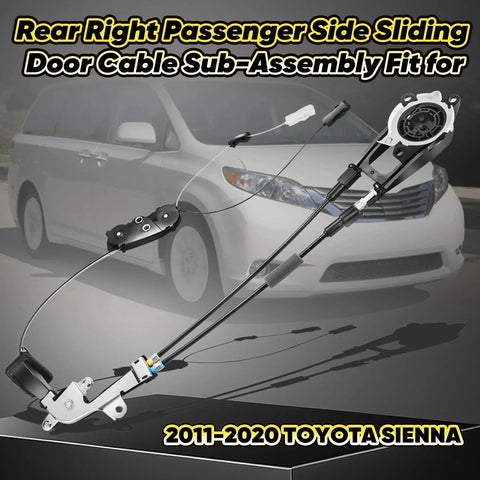 Right rear passenger side sliding door cable sub-assembly for Toyota Sienna 2011-2020 displayed in front of van.