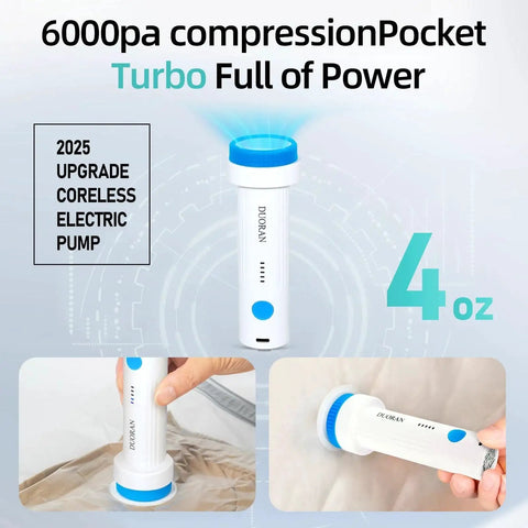 Cordless Electric Vacuum Pump For Vacuum Storage Bags Portable USB Rechargeable Seal And Compression Pump For Clothes Blankets And Bedding Travel Ready On The Go With One Touch Operation 6.0 Kpa Power By Duoran, shown in use compressing bags.