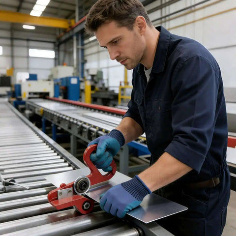 Worker using Portable Dual Wheel Slitter For Metal And Vinyl Sheets Hand Pull Cutter Delivers No-Burr Clean Cuts, compact red tool