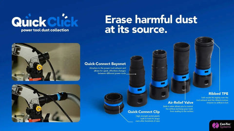 Quick Click 16 Foot Commercial Vacuum Hose With Expanded Multi Brand Power Tool Adapter Set showcasing dust collection parts.
