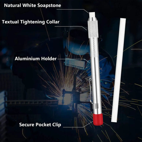 Two Pro Grade Soapstone Marker Pencil Sets With 12 Refills For Welding, Metalworking And Fabrication, shown with label annotations