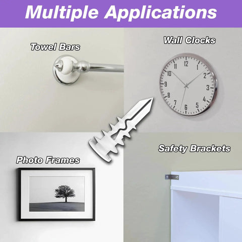 Uses of SnapSkru SP Self-Drilling Drywall Anchor For Hollow Walls Made In USA Pack Of 20 5/8 In Length 3/8 In Diameter include towel bars and clocks